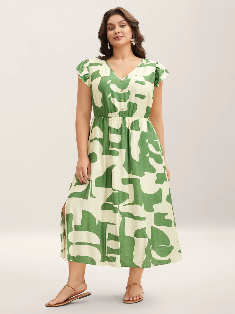Geometric Print Cinched-Waist Button Midi Dress