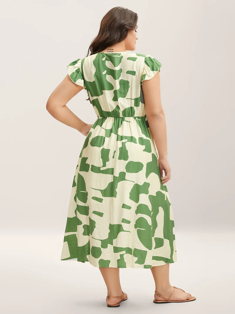 Geometric Print Cinched-Waist Button Midi Dress