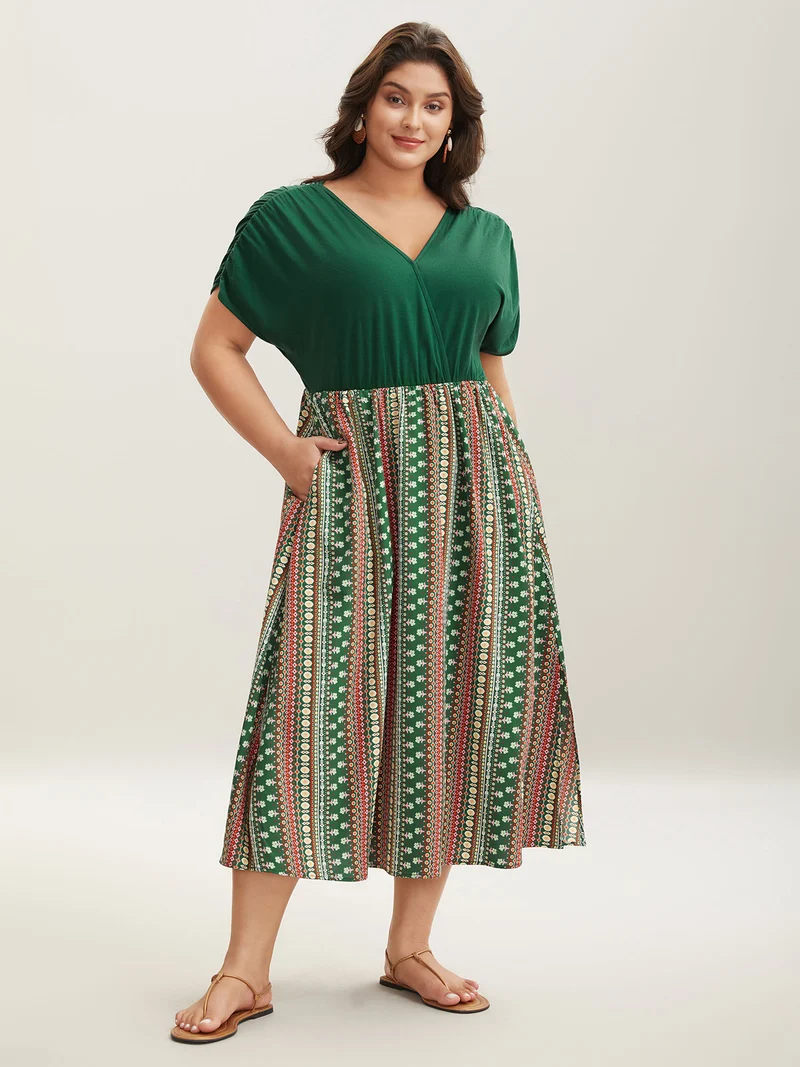 Boho Stripes Spliced Ruched Sleeve Midi Dress