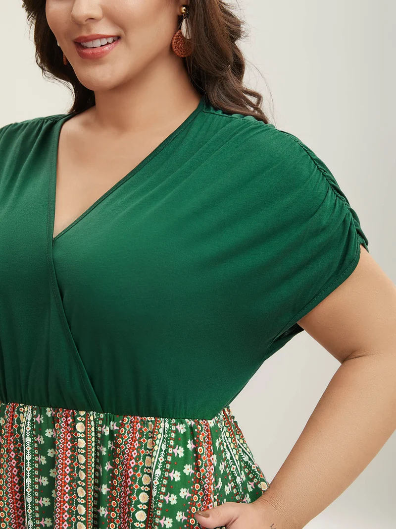 Boho Stripes Spliced Ruched Sleeve Midi Dress