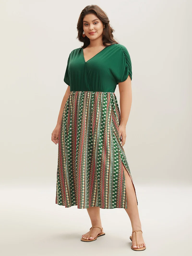 Boho Stripes Spliced Ruched Sleeve Midi Dress