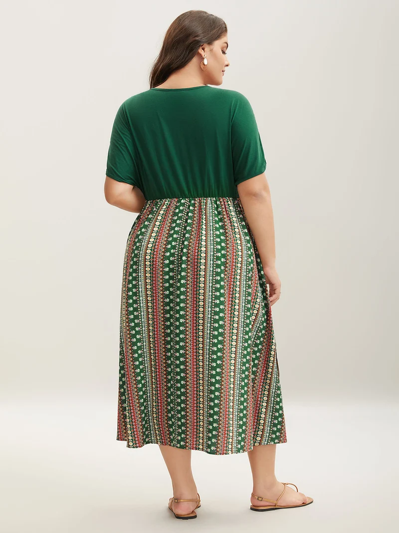 Boho Stripes Spliced Ruched Sleeve Midi Dress