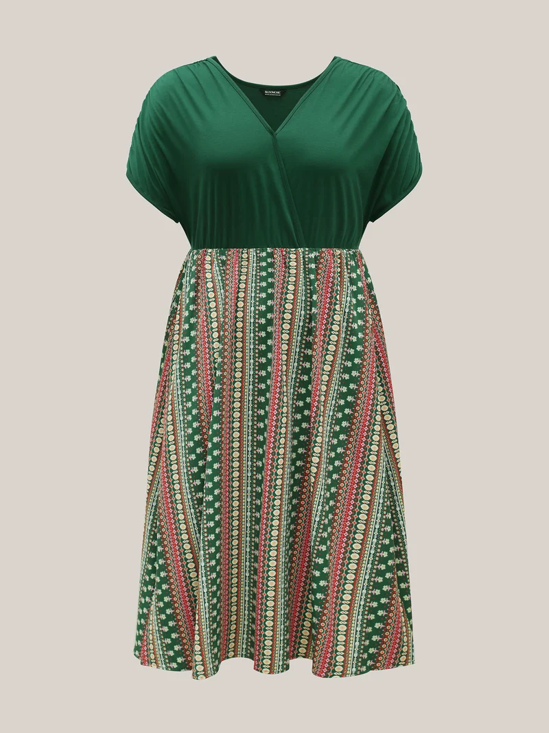 Boho Stripes Spliced Ruched Sleeve Midi Dress