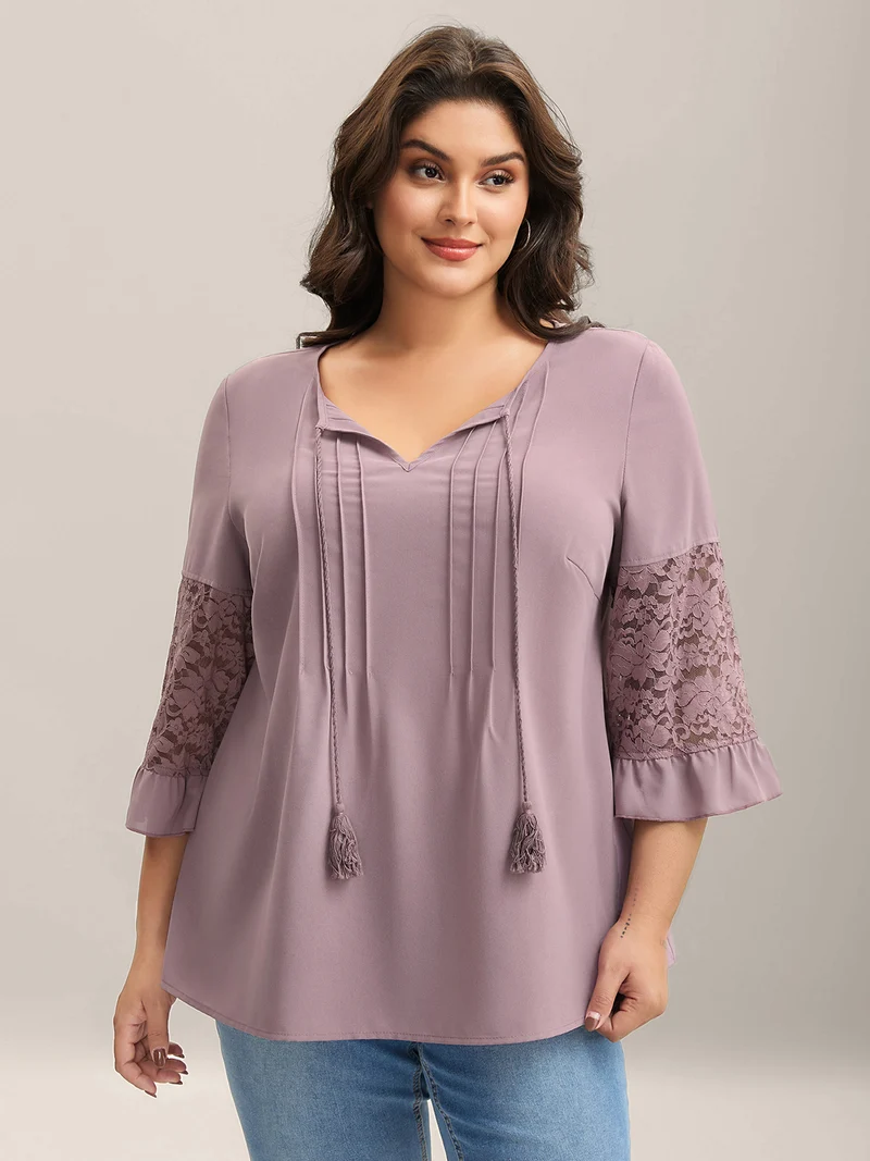Toothpick Pleats Lace Neck Tie Blouse