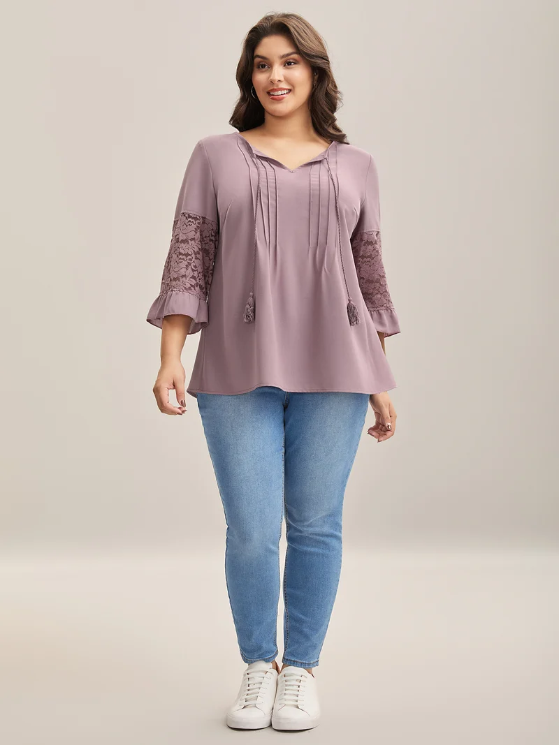 Toothpick Pleats Lace Neck Tie Blouse