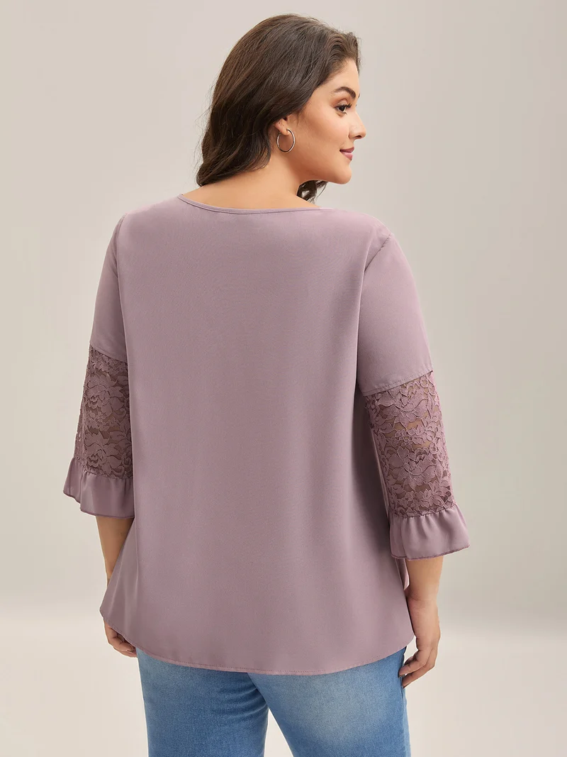 Toothpick Pleats Lace Neck Tie Blouse