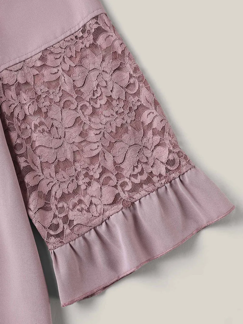 Toothpick Pleats Lace Neck Tie Blouse