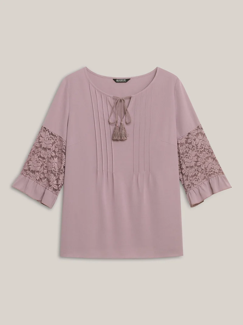 Toothpick Pleats Lace Neck Tie Blouse