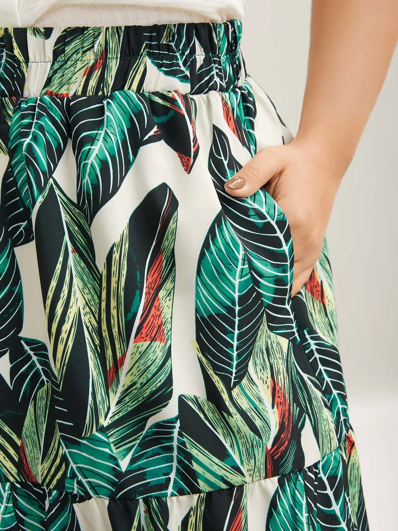 Tropical Floral Pattern Tiered Midi Skirt