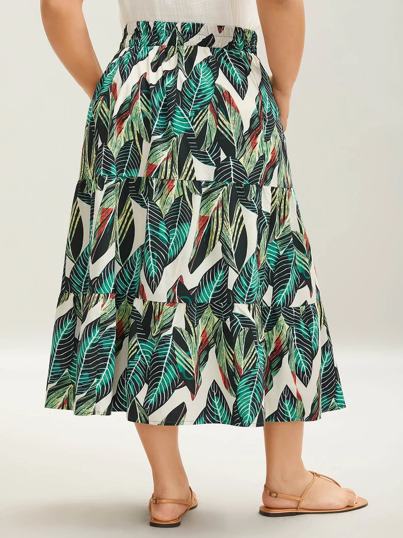 Tropical Floral Pattern Tiered Midi Skirt