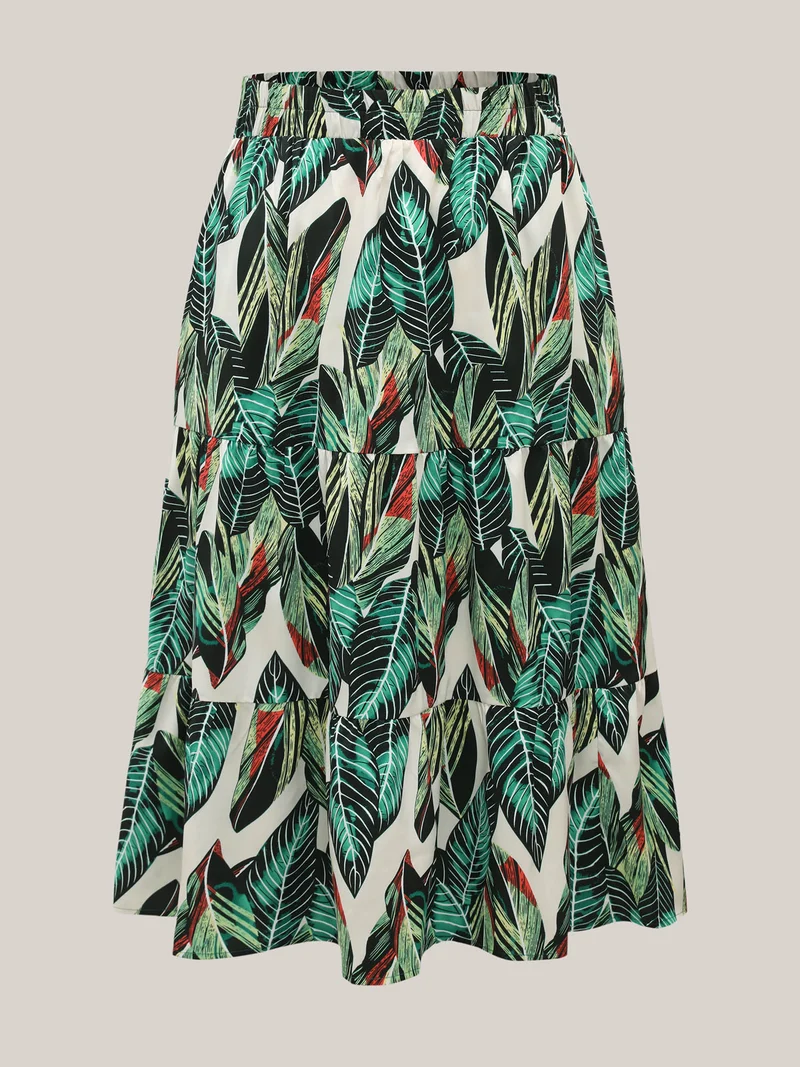 Tropical Floral Pattern Tiered Midi Skirt