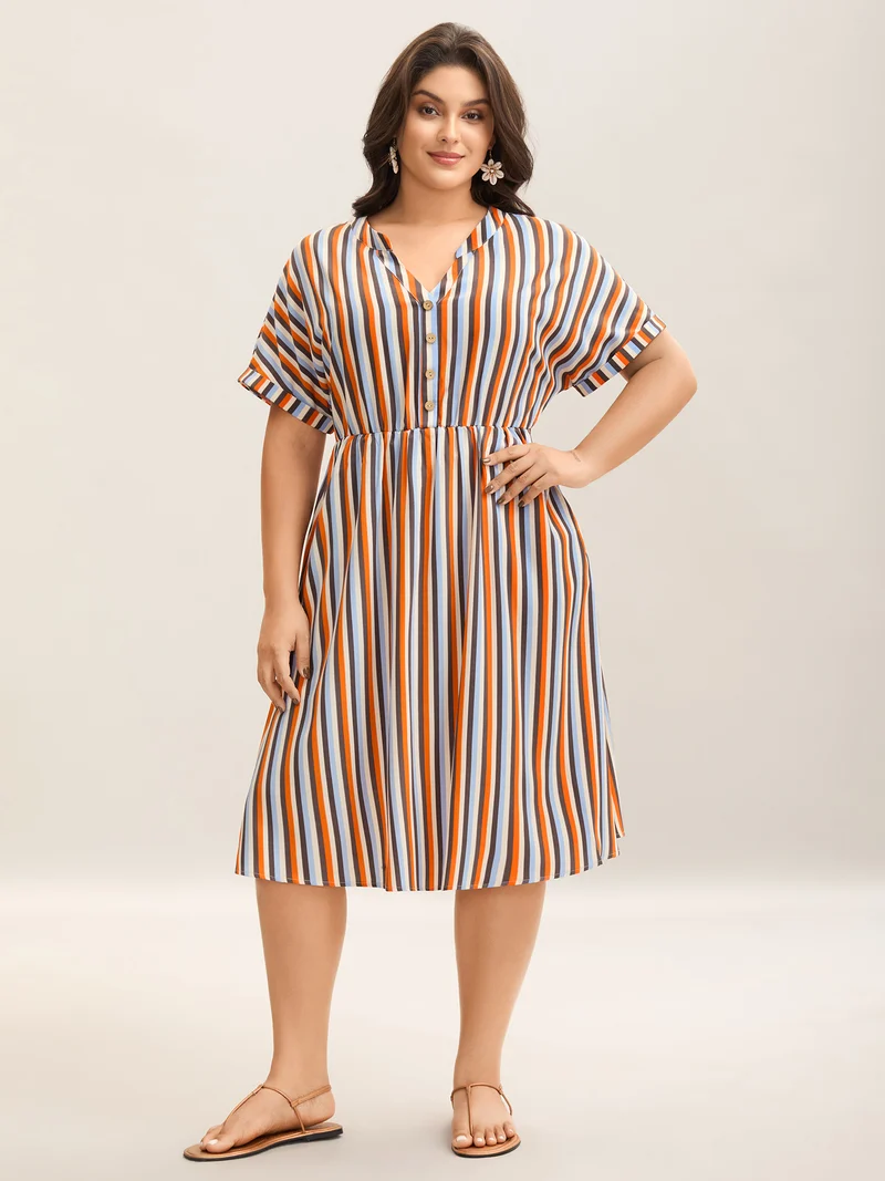 Stripes Notched Collar Pockets Midi Dress