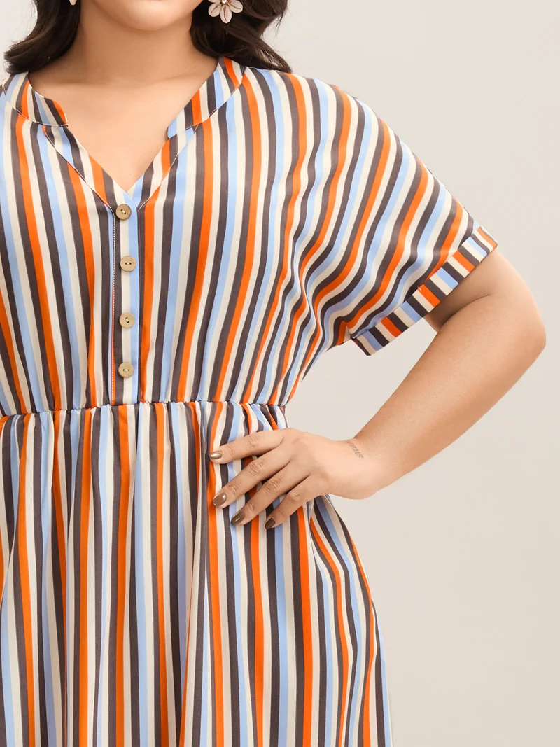Stripes Notched Collar Pockets Midi Dress