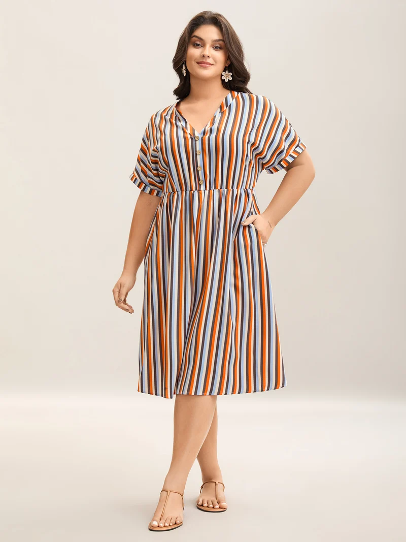 Stripes Notched Collar Pockets Midi Dress