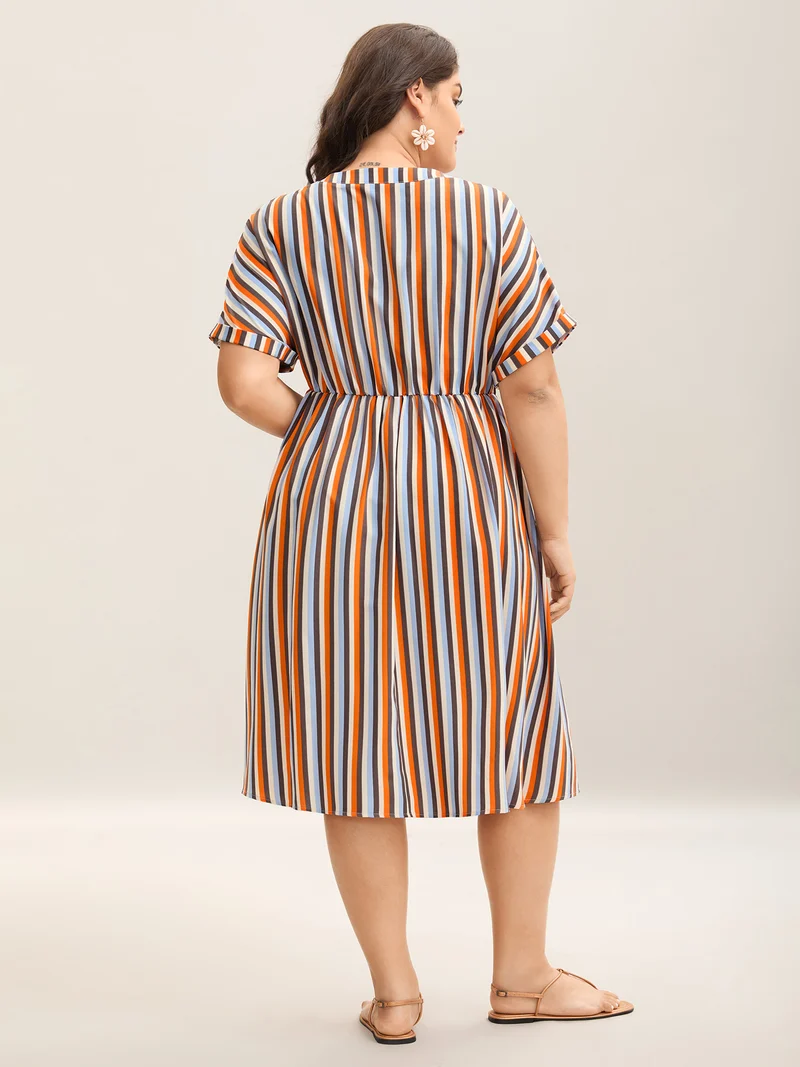 Stripes Notched Collar Pockets Midi Dress