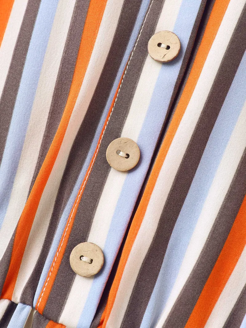 Stripes Notched Collar Pockets Midi Dress