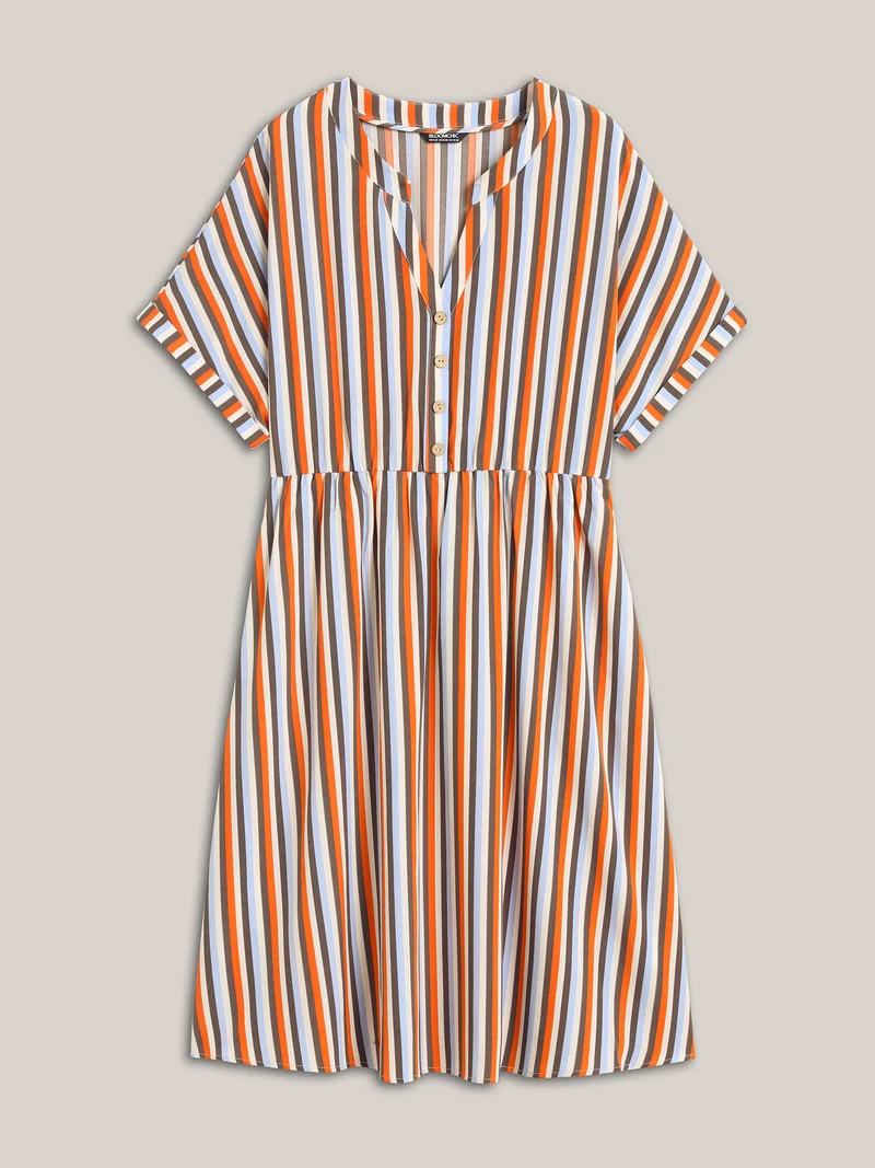 Stripes Notched Collar Pockets Midi Dress