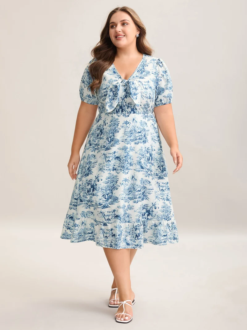 Forest Print Knotted Front Pockets Midi Dress