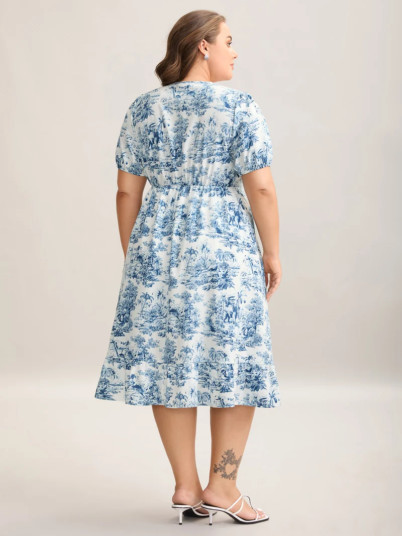 Forest Print Knotted Front Pockets Midi Dress