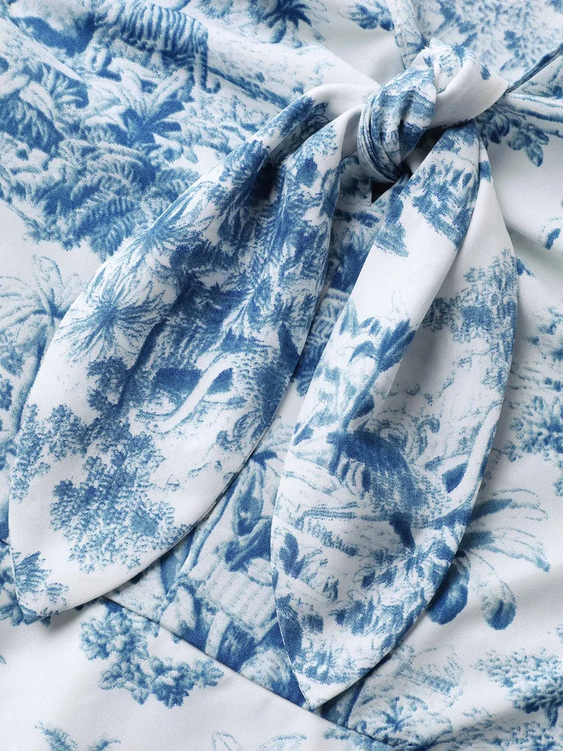 Forest Print Knotted Front Pockets Midi Dress