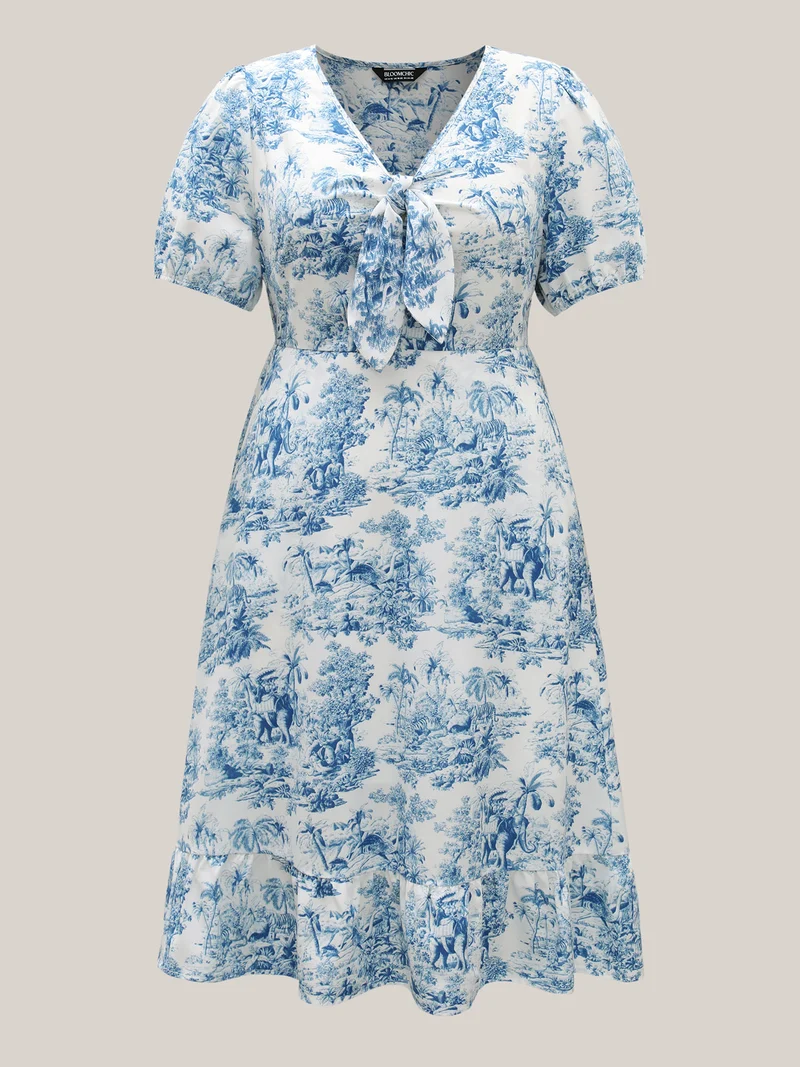 Forest Print Knotted Front Pockets Midi Dress