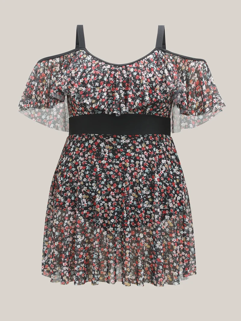 Floral Print Mesh Cold-Shoulder Swim Dress