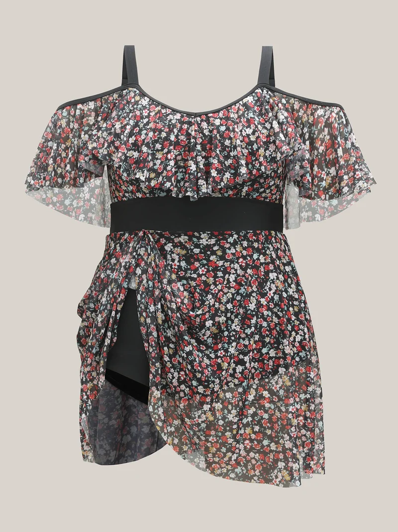 Floral Print Mesh Cold-Shoulder Swim Dress