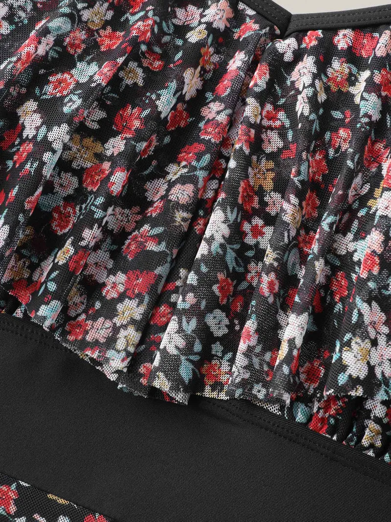Floral Print Mesh Cold-Shoulder Swim Dress