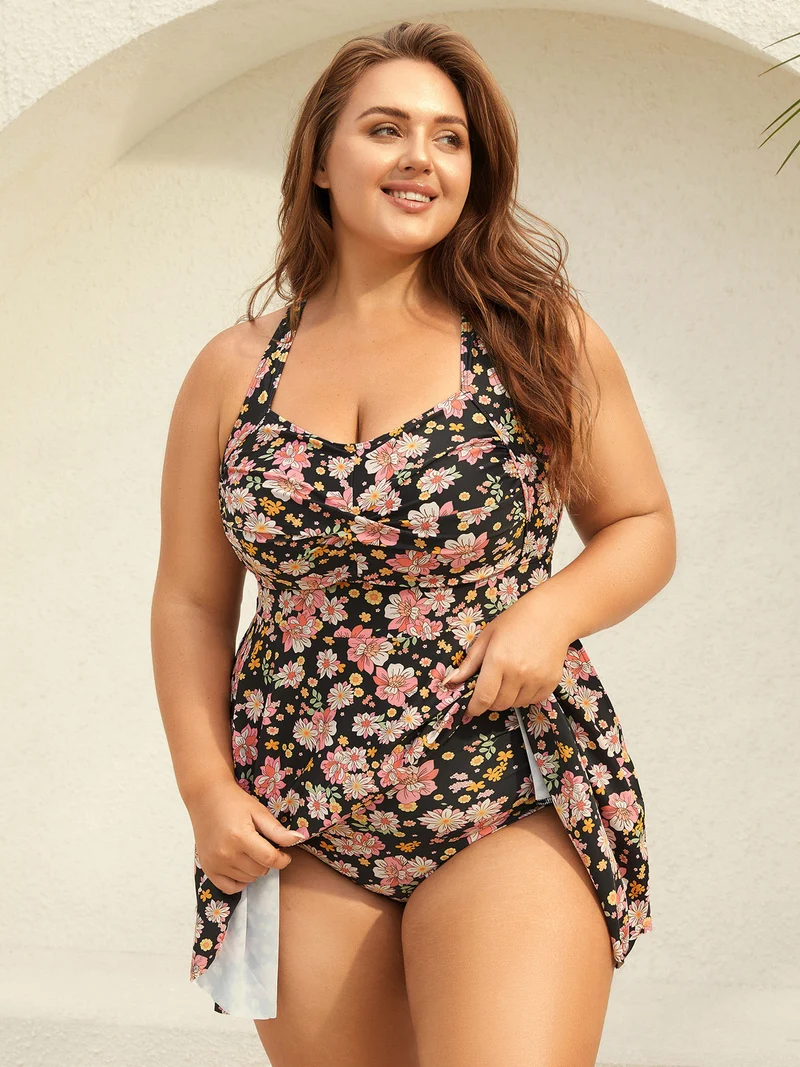 Twist Front Floral Print Pockets Swim Dress
