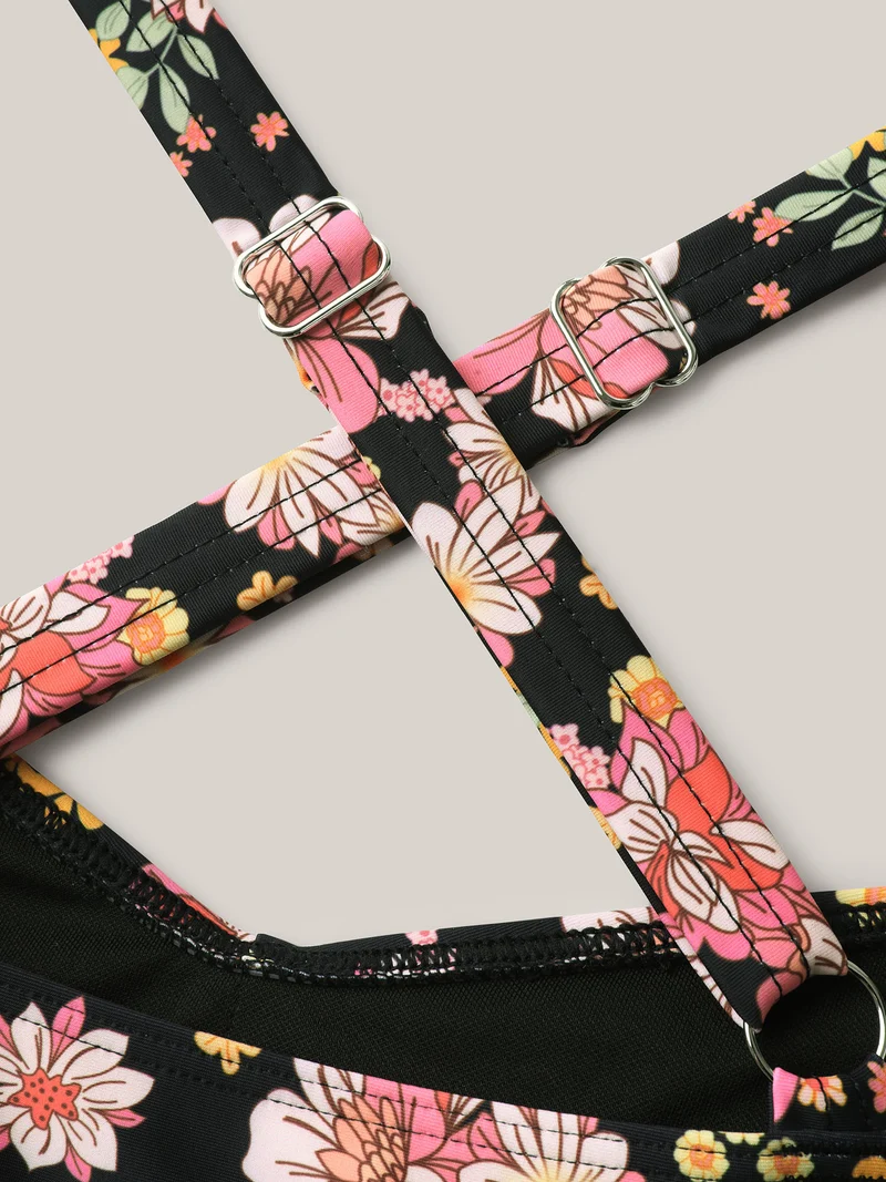 Twist Front Floral Print Pockets Swim Dress