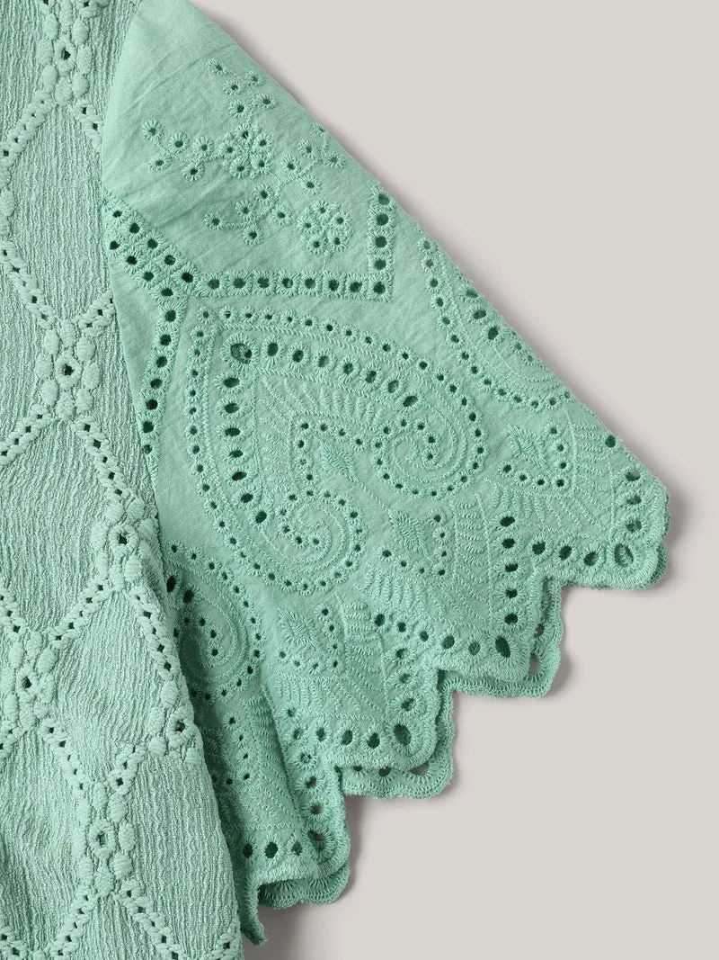 Cut-Out Textured Spliced Sleeve T-Shirt