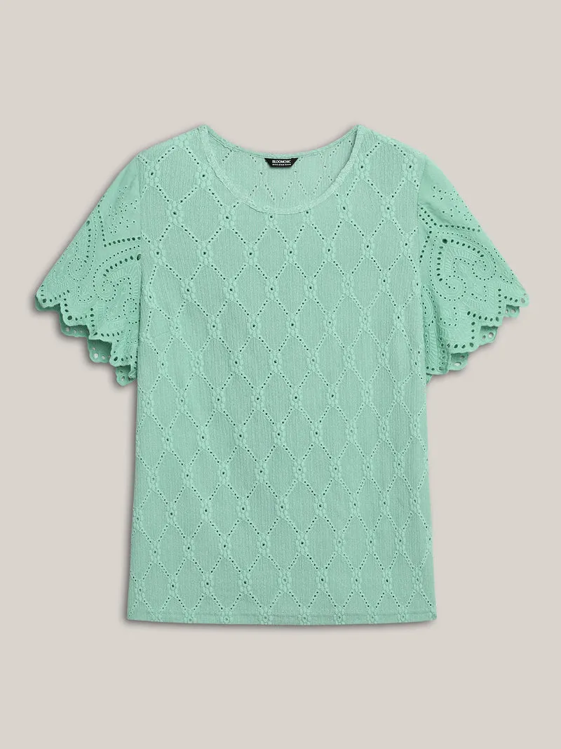 Cut-Out Textured Spliced Sleeve T-Shirt