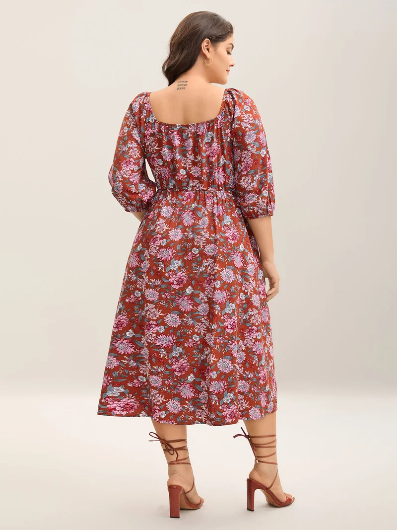 Flirty Floral Print Shirred Pockets Midi Dress