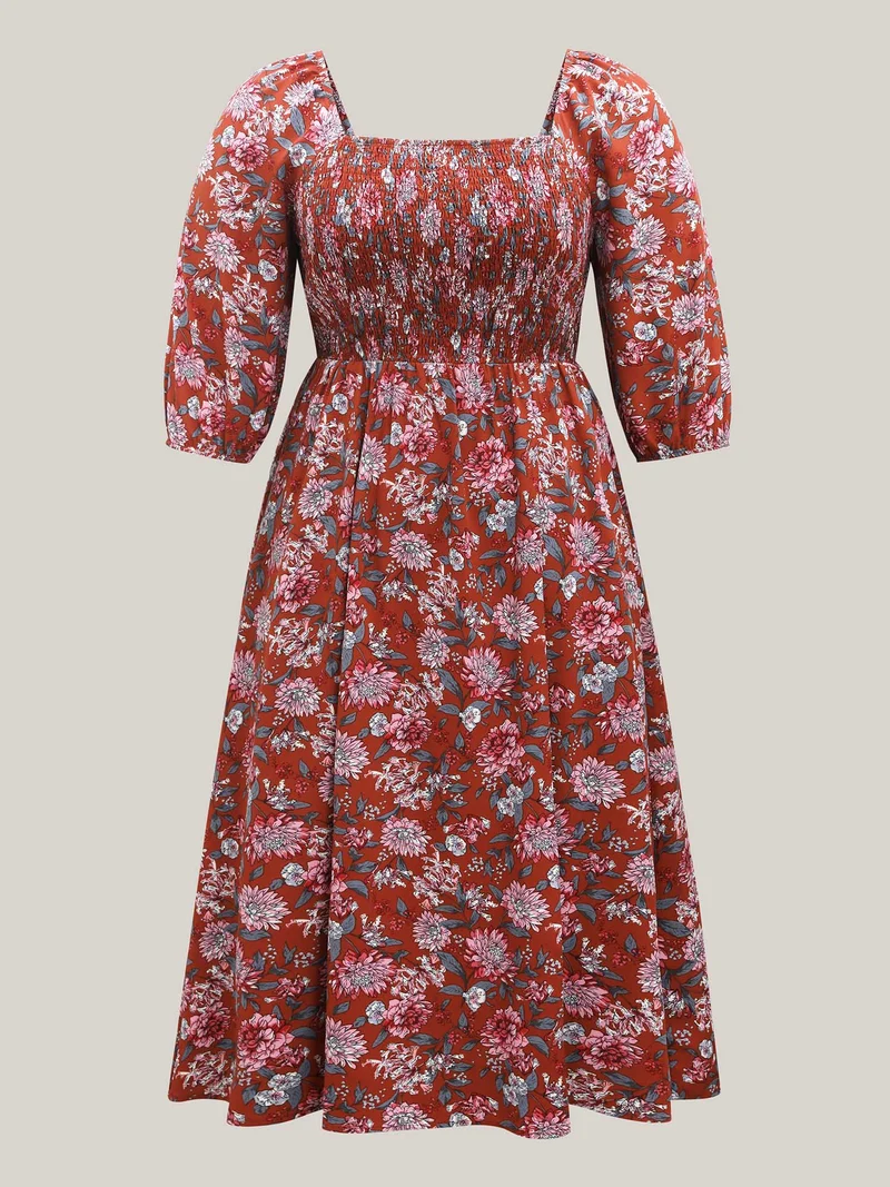 Flirty Floral Print Shirred Pockets Midi Dress