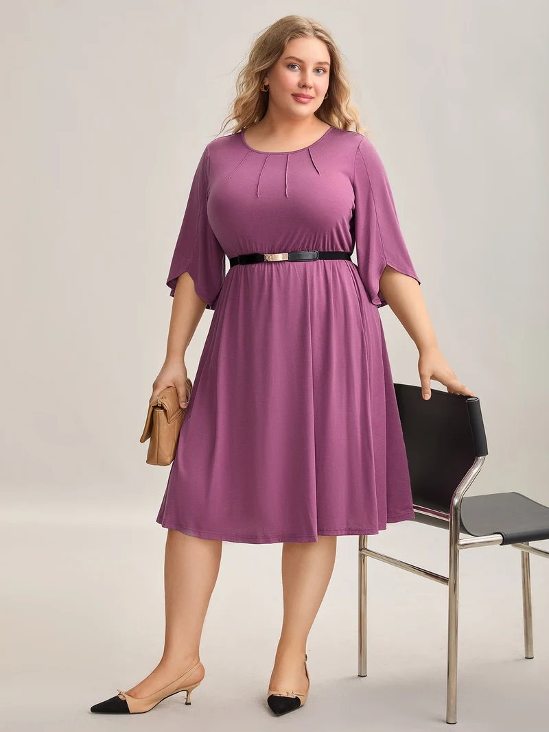 Woven Plain Floral-Neckline Sleeveless Midi Dress