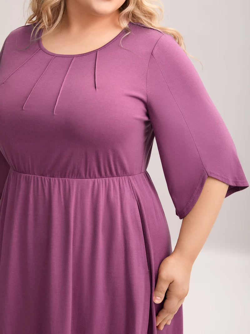 Woven Plain Floral-Neckline Sleeveless Midi Dress