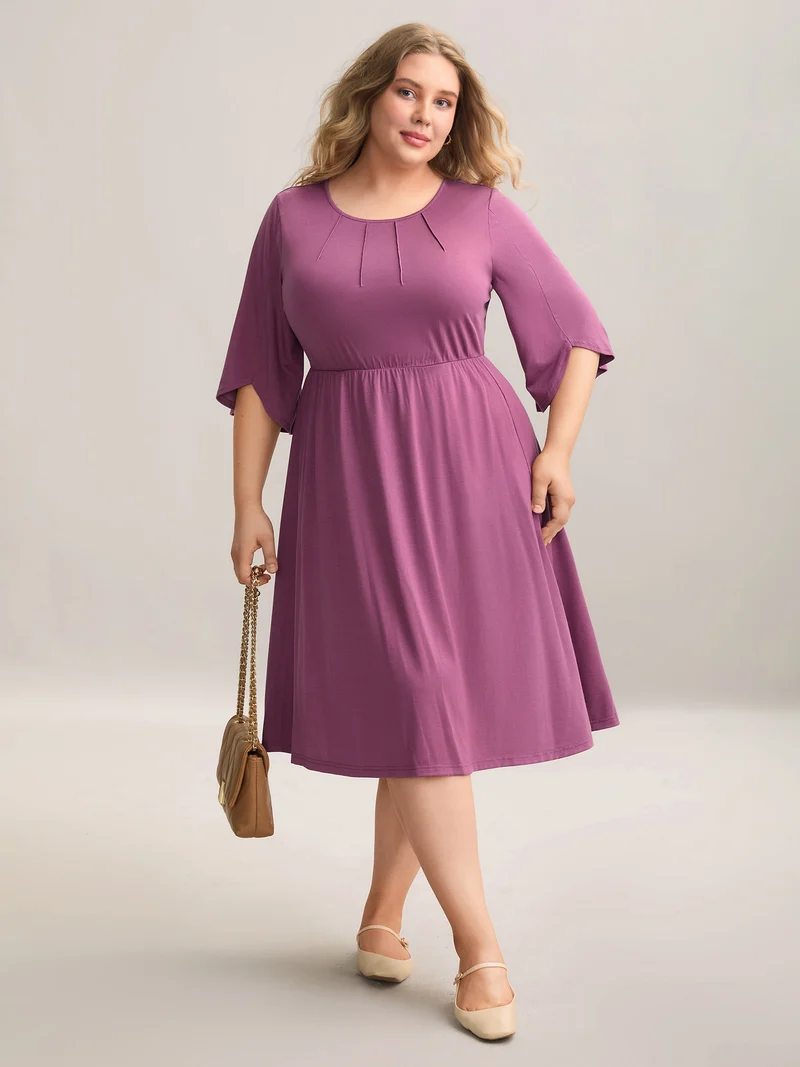 Woven Plain Floral-Neckline Sleeveless Midi Dress