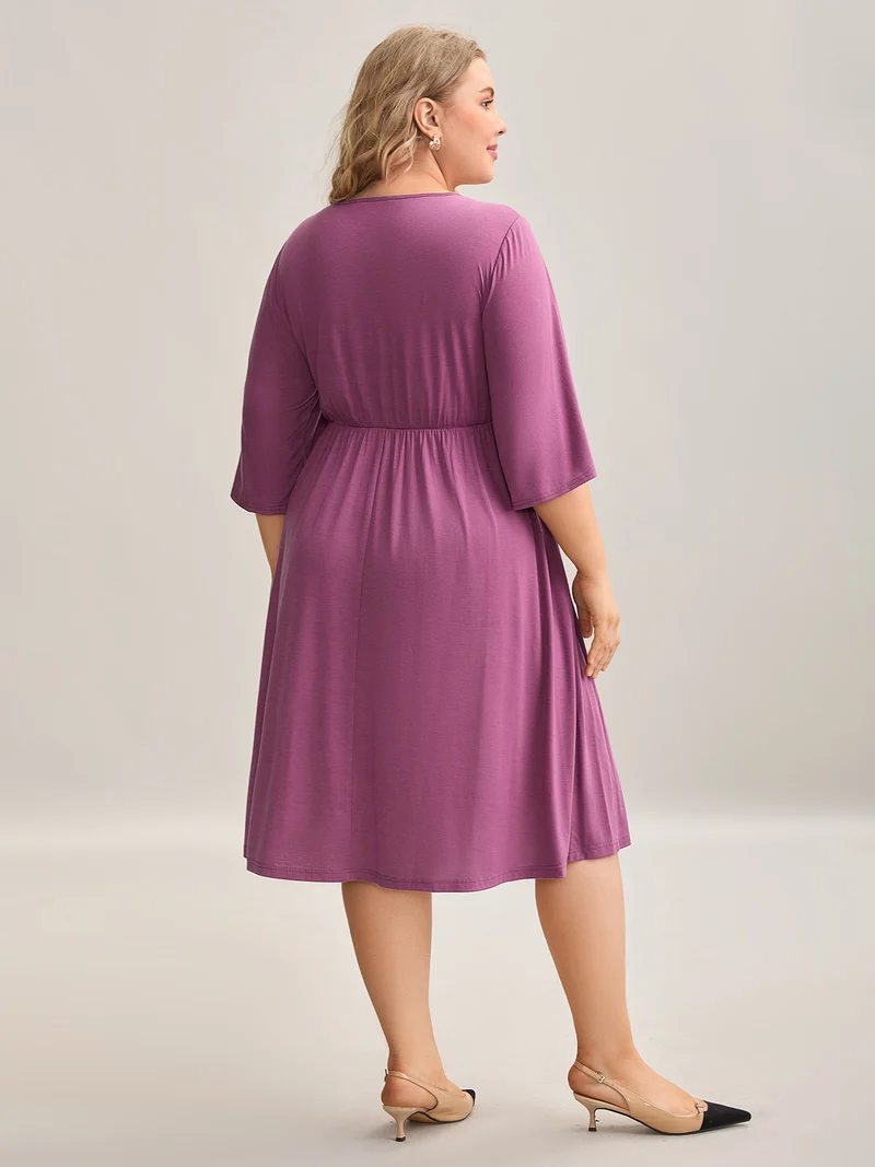 Woven Plain Floral-Neckline Sleeveless Midi Dress
