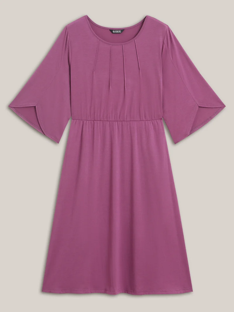Woven Plain Floral-Neckline Sleeveless Midi Dress