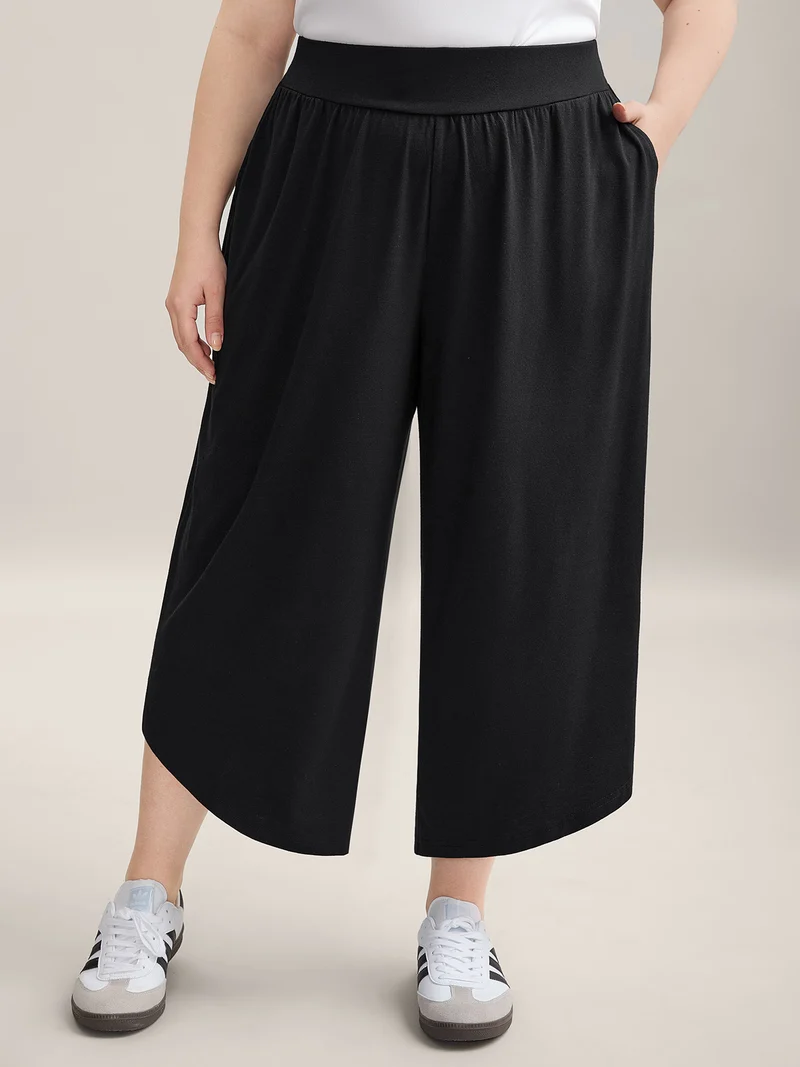 Rubber Waist Curved Hem Wide Leg Pants