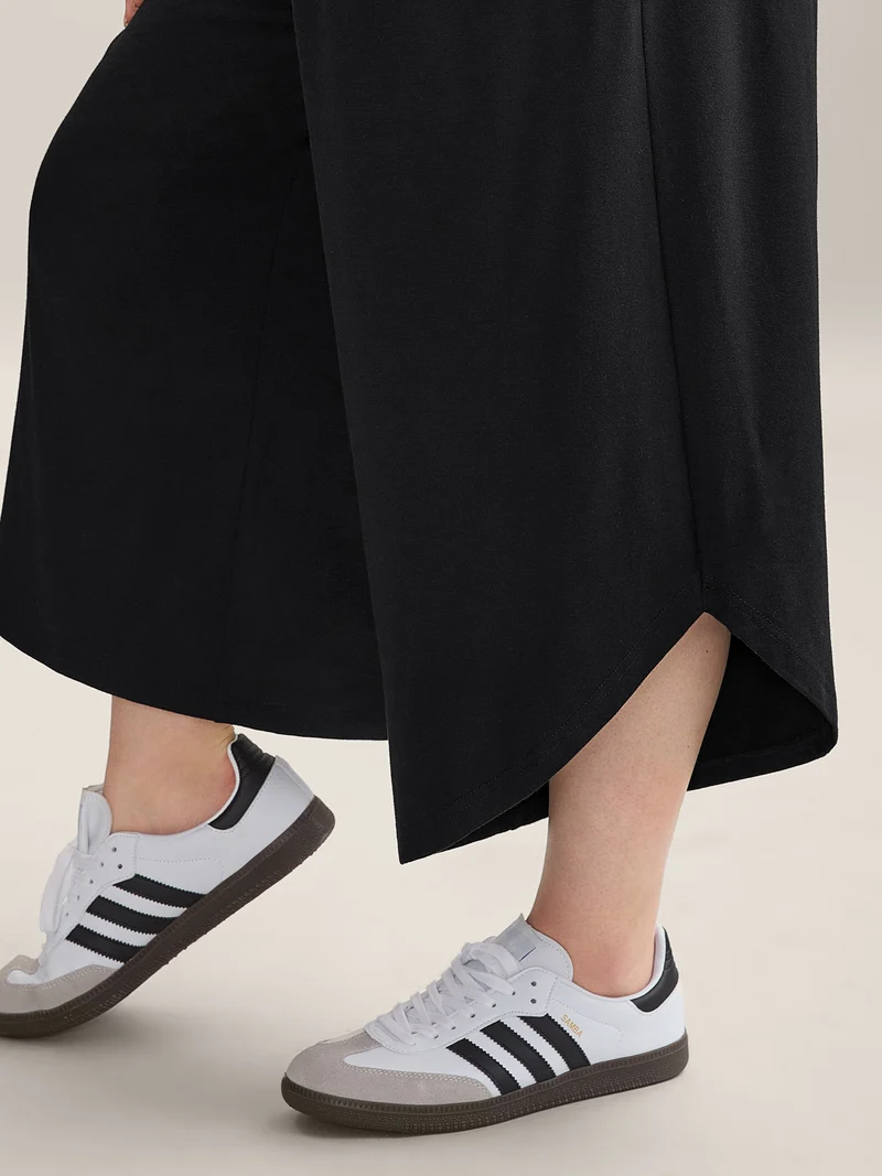 Rubber Waist Curved Hem Wide Leg Pants