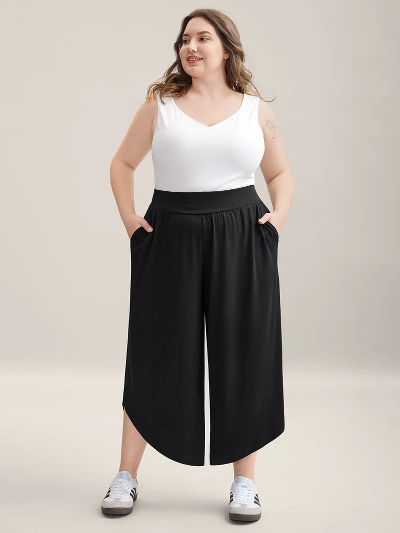 Rubber Waist Curved Hem Wide Leg Pants