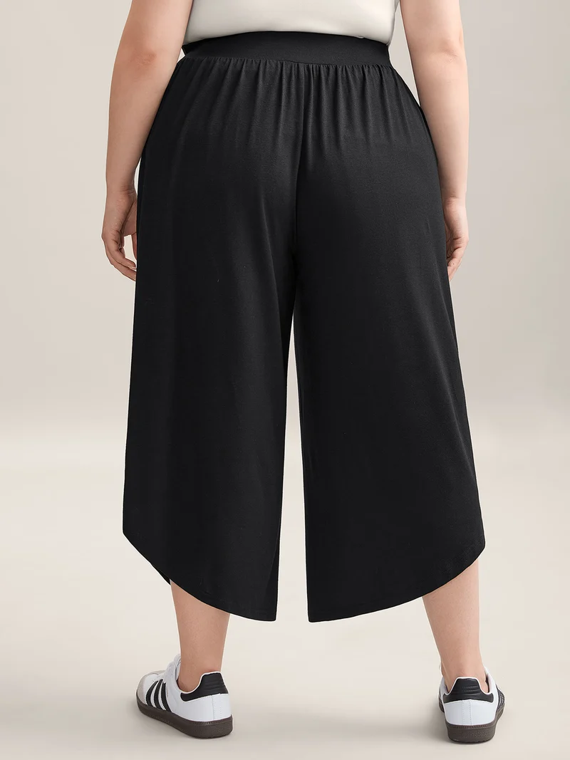 Rubber Waist Curved Hem Wide Leg Pants