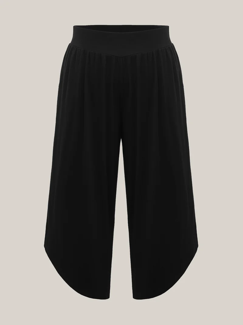 Rubber Waist Curved Hem Wide Leg Pants