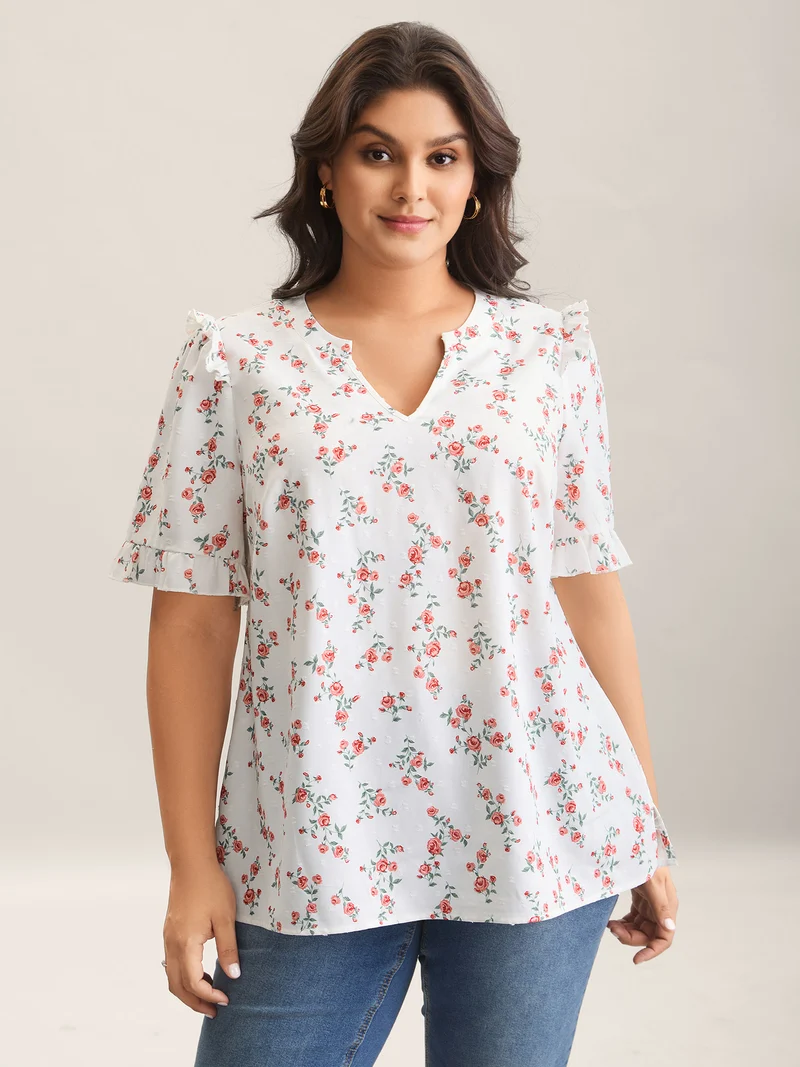 Rosy Print Notched Collar Flowy Blouse