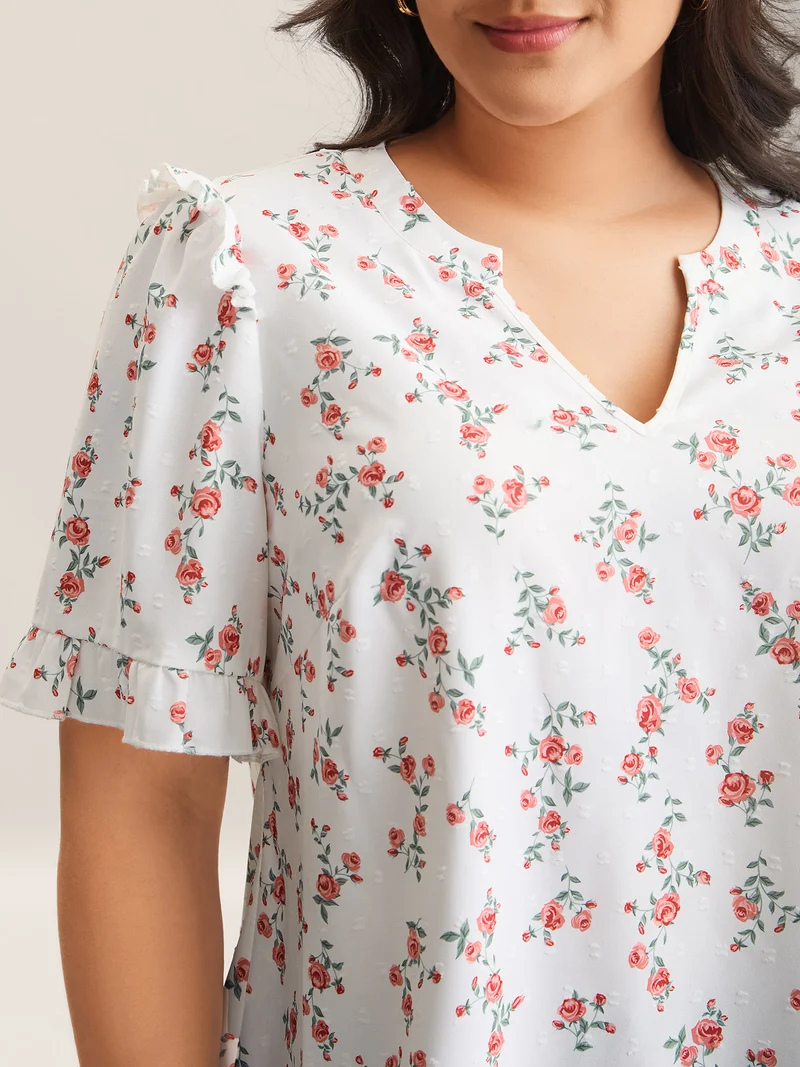 Rosy Print Notched Collar Flowy Blouse