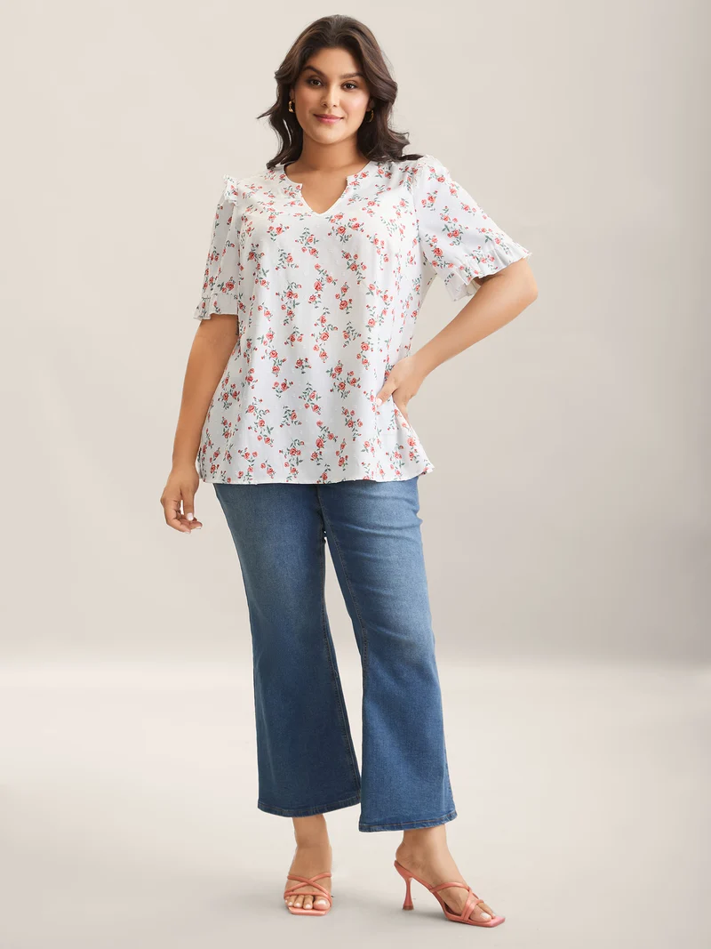 Rosy Print Notched Collar Flowy Blouse