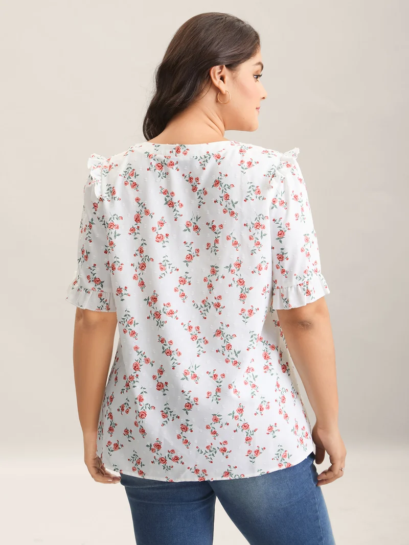Rosy Print Notched Collar Flowy Blouse