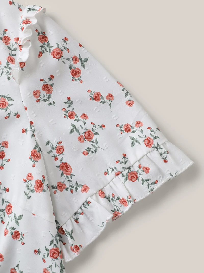 Rosy Print Notched Collar Flowy Blouse