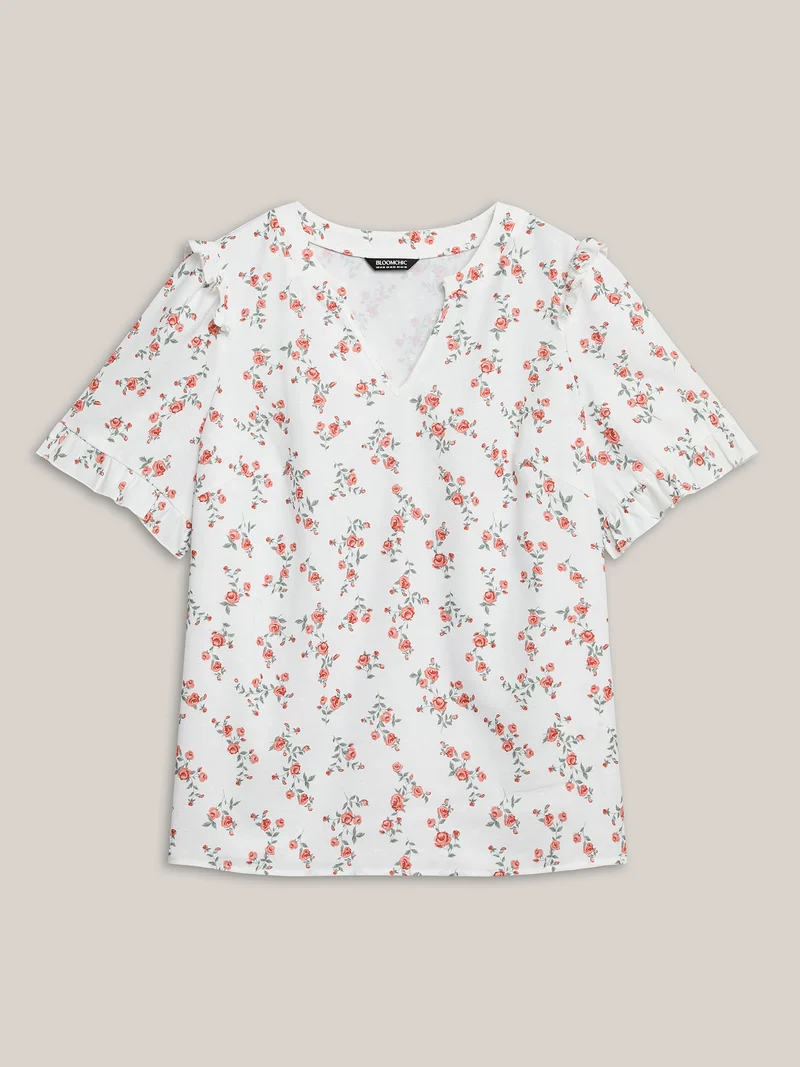 Rosy Print Notched Collar Flowy Blouse